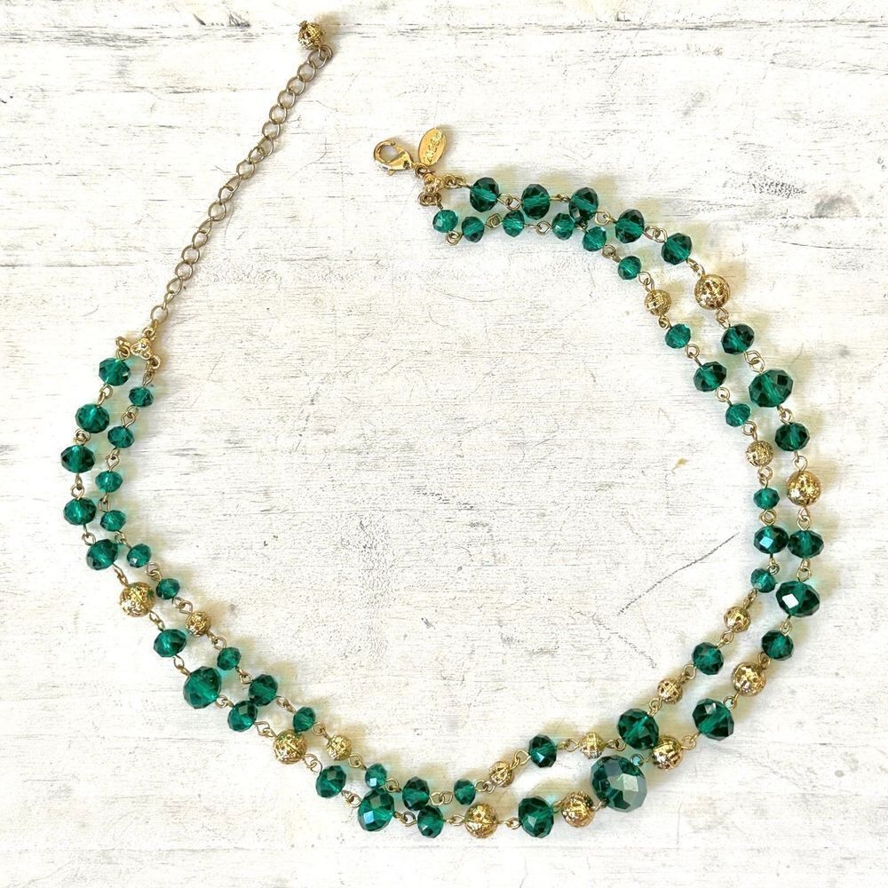 2028 green braded gold tone double strand Necklace